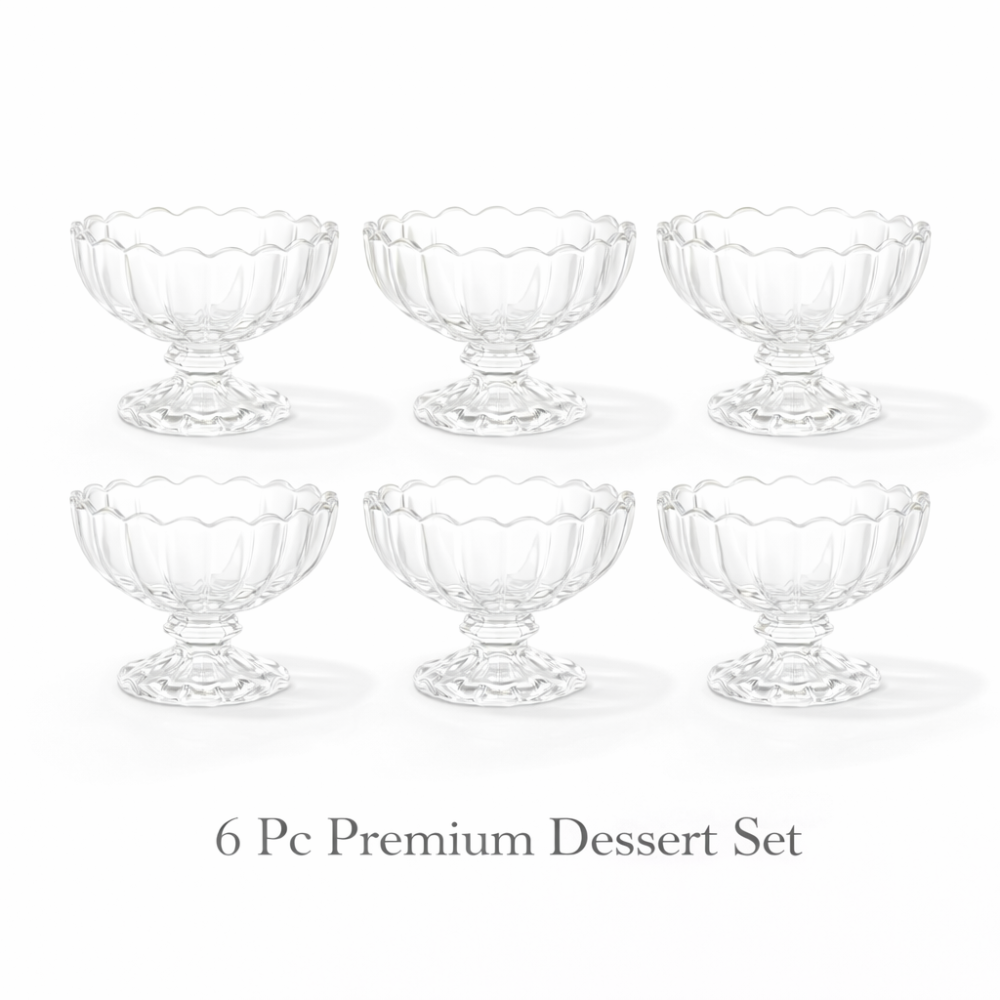 6 Pc Premium Glass Dessert Bowl Set – 130 ML Crystal Ice Cream Cups with Pedestal | Party, Wedding, Diwali Gift & Serving Bowls