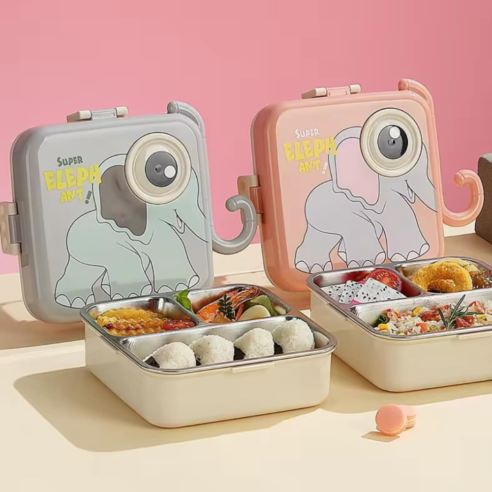 Cute Elephant Kids Lunch Box | 3-Compartment Leak-Proof Bento Tiffin Box with Stainless Steel Tray | Cartoon Elephant School Lunch Box for Kids