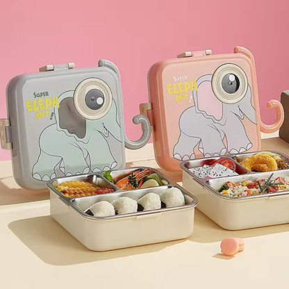 Cute Elephant Kids Lunch Box | 3-Compartment Leak-Proof Bento Tiffin Box with Stainless Steel Tray | Cartoon Elephant School Lunch Box for Kids