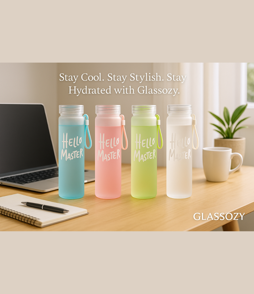 Hello Master Frosted Glass Water Bottle | 500ml Leakproof & Eco-Friendly Travel Bottle with Silicone Strap | Stylish Reusable Bottle for Office, Gym, and Outdoor Use (Multicolor)