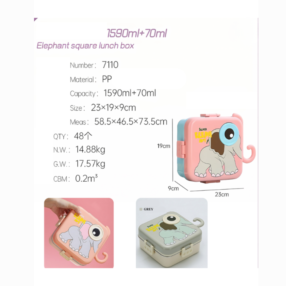 Cute Elephant Kids Lunch Box | 3-Compartment Leak-Proof Bento Tiffin Box with Stainless Steel Tray | Cartoon Elephant School Lunch Box for Kids