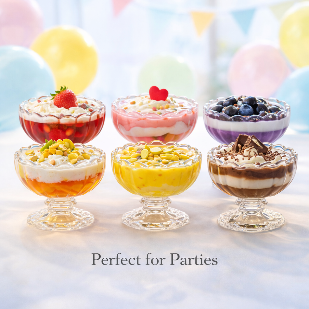 6 Pc Premium Glass Dessert Bowl Set – 130 ML Crystal Ice Cream Cups with Pedestal | Party, Wedding, Diwali Gift & Serving Bowls