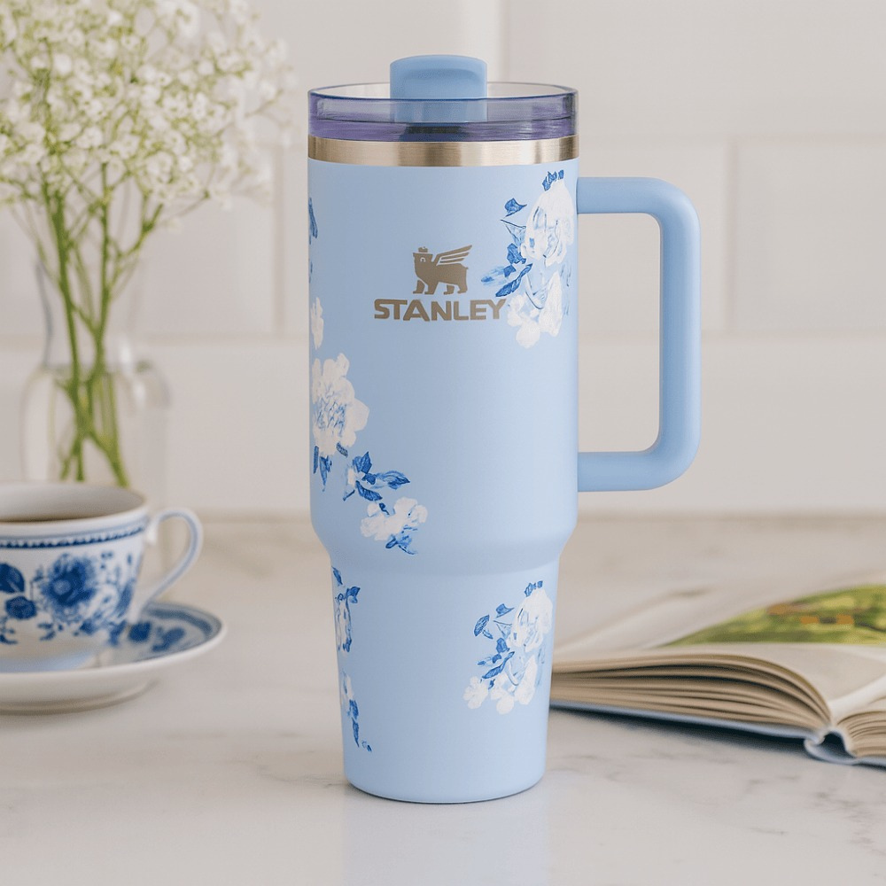 Stanley Quencher H2.0 Flow State™ Tumbler 40oz Floral Blue – Vacuum Insulated Stainless Steel Travel Cup with Handle & Straw