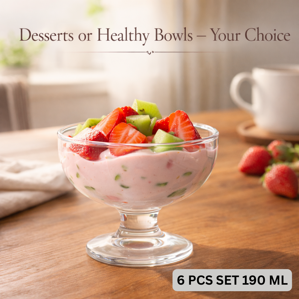 6 PCS 190 ML Crystal Clear Glass Dessert Bowl Set with Pedestal – Premium Ice Cream Cups for Parties, Birthdays & Everyday Serving