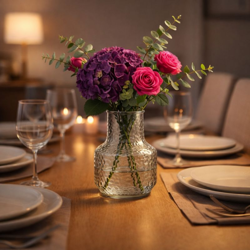 8 Inch Textured Glass Flower Vase for Home Decor | Premium Decorative Vase for Living Room, Dining Table & Gifting | Clear & Green Finish