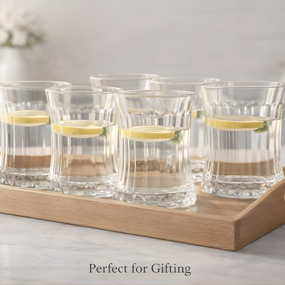 Glassozy 6-Piece Ribbed Crystal Water Glass Set – 12oz Premium Glassware with Wooden Serving Tray – Perfect Gift for Housewarming, Weddings & Hosting