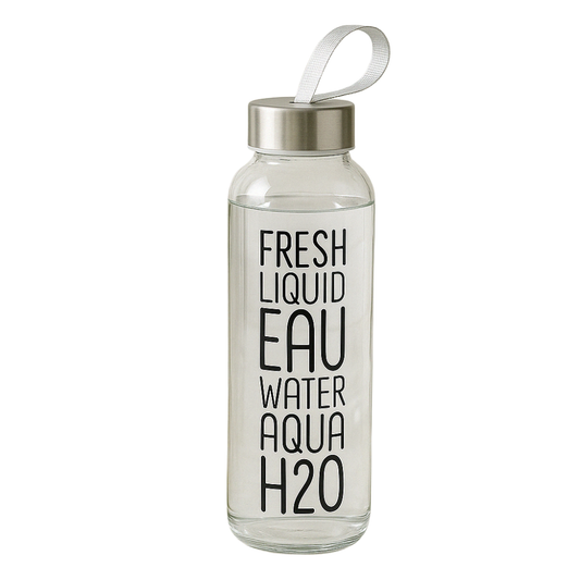 Glassozy Premium Glass Water Bottle – Sleek Minimalist Reusable Drinkware with Stainless Steel Lid and Carrying Strap – Eco-Friendly "Fresh Liquid" Graphic Design
