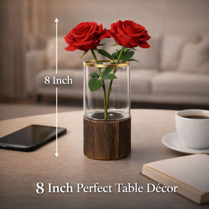 Premium Artificial Red Rose with Glass Vase & Wooden Base – 8 Inch Elegant Home Décor Showpiece for Living Room, Office & Gifting