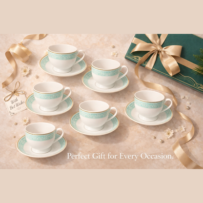 Premium Ceramic Tea Cup & Saucer Set (12 Pcs) – 180 ML Elegant Coffee Cups with 5.5 Inch Saucer – Classic Blue & Gold Design | Fine Dining & Gifting Set