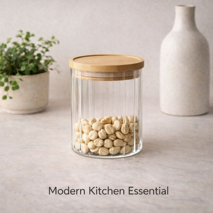 Aesthetic Ribbed Glass Storage Jar 1 PCS with Airtight Natural Wood Lid – Modern Fluted Pantry Canister for Cookies, Nuts, and Kitchen Organization.