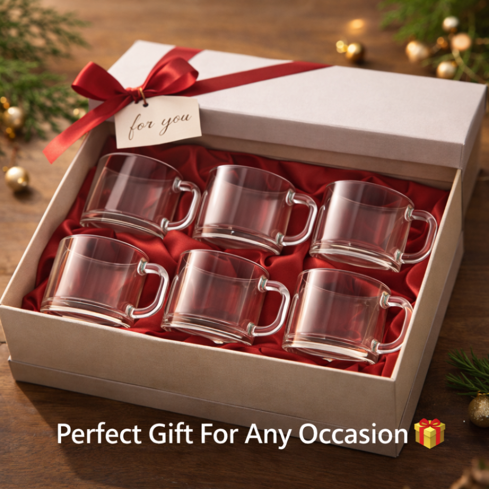 Premium Clear Glass Tea Cups Set of 6 (170 ML) – Transparent Chai Cups with Handle | Heat Resistant Coffee & Kadak Chai Mugs | Elegant Gift Box Packaging