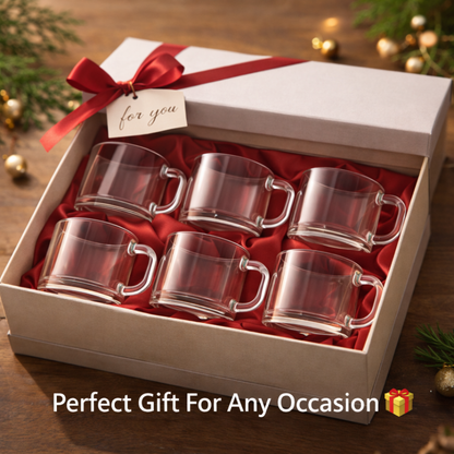 Premium Clear Glass Tea Cups Set of 6 (170 ML) – Transparent Chai Cups with Handle | Heat Resistant Coffee & Kadak Chai Mugs | Elegant Gift Box Packaging