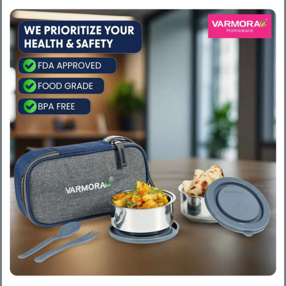 Varmora SS | Insulated Stainless Steel Lunch Box With 2 Containers | Lunch Bag Included | Airtight & Leak-Proof