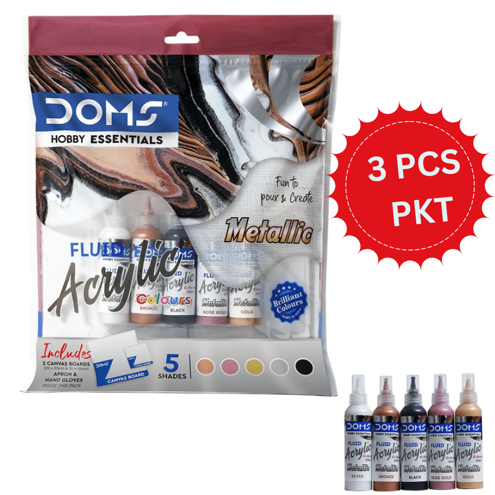 DOMS Metallic Fluid Acrylic Colours Set – 5 Shades | Fluid Art Kit with Canvas Boards, Apron & Gloves (3 PCS PKT)
