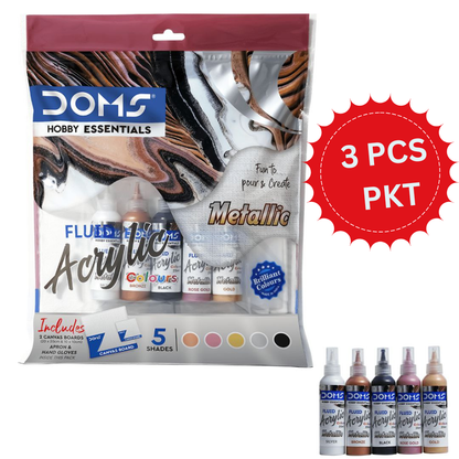 DOMS Metallic Fluid Acrylic Colours Set – 5 Shades | Fluid Art Kit with Canvas Boards, Apron & Gloves (3 PCS PKT)