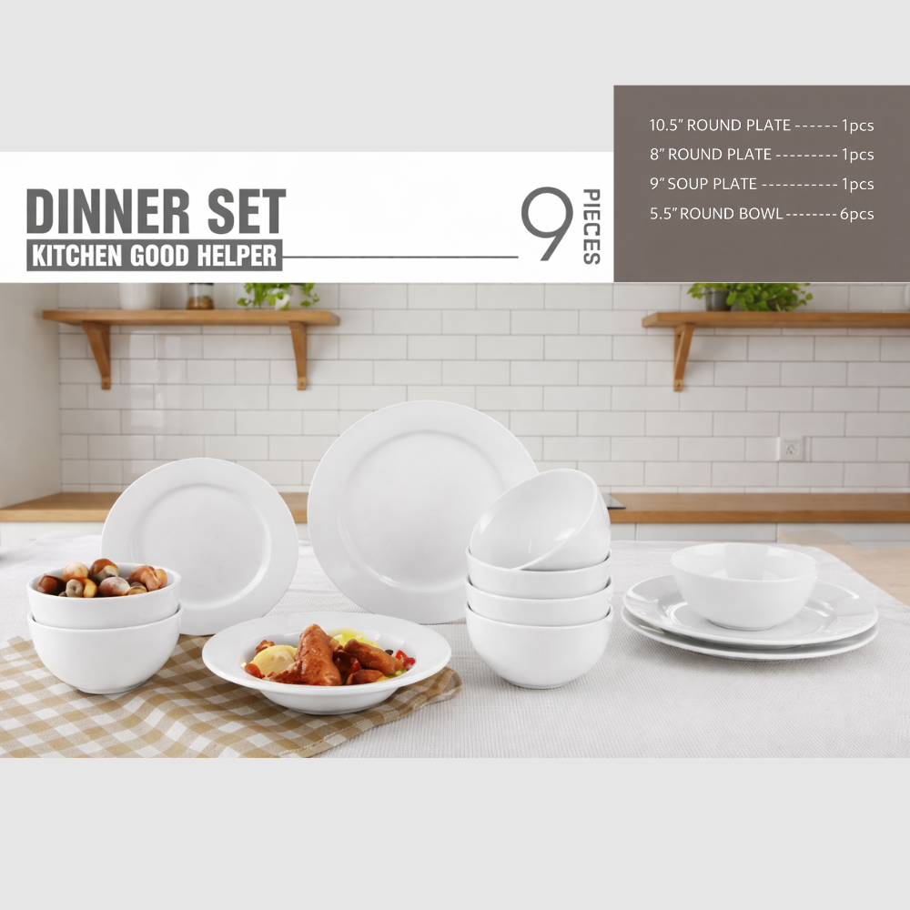 9-Piece Premium White Dinner Set – Ceramic Round Plates & Bowls Combo | Modern Kitchen Dining Set for Home, Wedding & Housewarming Gift