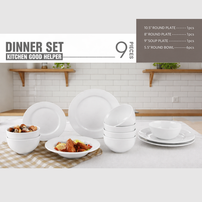 9-Piece Premium White Dinner Set – Ceramic Round Plates & Bowls Combo | Modern Kitchen Dining Set for Home, Wedding & Housewarming Gift
