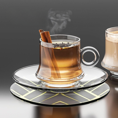 Premium Clear Glass Tea & Coffee Cup with Saucer | Heat-Resistant Borosilicate Glass Mug for Tea, Coffee, Cappuccino & Herbal Drinks (Set of 6 Cup & Saucers)