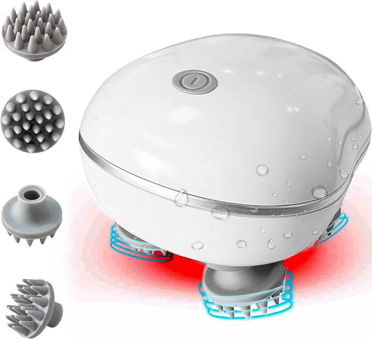 Electric Scalp Massager with 4 Replaceable Heads – Waterproof Rechargeable Head & Body Massager for Relaxation, Hair Growth & Stress Relief