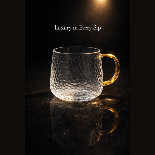 Luxury Hammered Glass Coffee Mug with Golden Handle – Premium Transparent Tea & Coffee Cup | Elegant Gift Mug for Home & Office