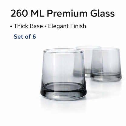 260ML Premium Glass Tumbler Set of 6 | Thick Base Elegant Drinking Glasses | Whiskey, Juice & Water Glass Set for Home, Bar & Gifting