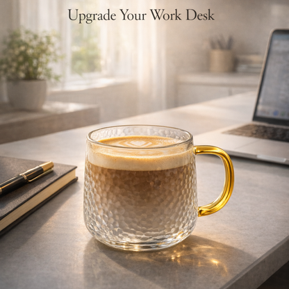 Luxury Hammered Glass Coffee Mug with Golden Handle – Premium Transparent Tea & Coffee Cup | Elegant Gift Mug for Home & Office