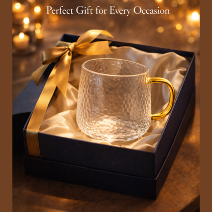 Luxury Hammered Glass Coffee Mug with Golden Handle – Premium Transparent Tea & Coffee Cup | Elegant Gift Mug for Home & Office