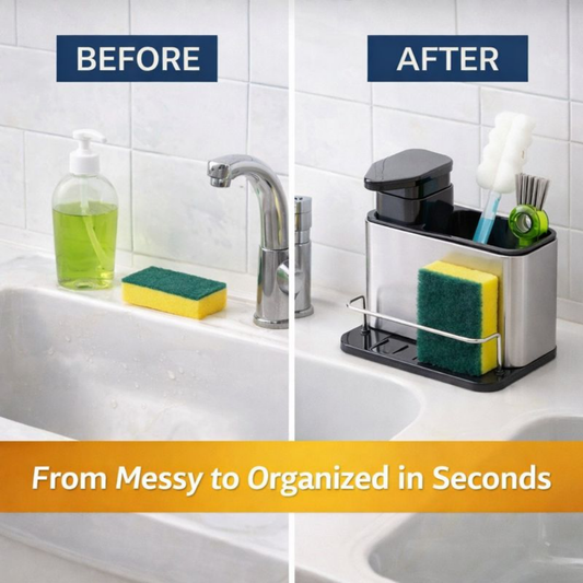 All-in-One Kitchen Sink Organizer with Soap Dispenser – Sponge Holder, Brush Stand & Drain Tray | Stainless Steel Countertop Caddy for Smart Kitchens