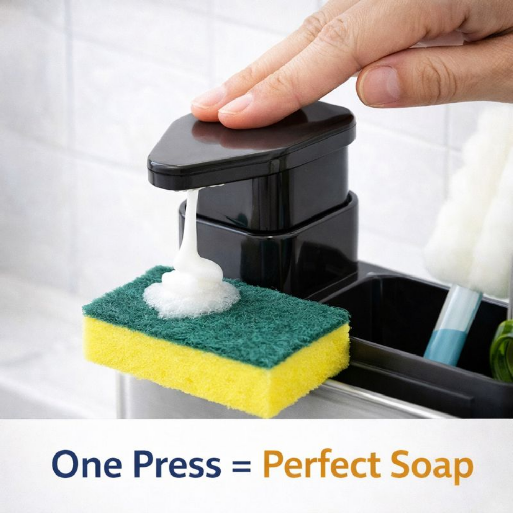 All-in-One Kitchen Sink Organizer with Soap Dispenser – Sponge Holder, Brush Stand & Drain Tray | Stainless Steel Countertop Caddy for Smart Kitchens