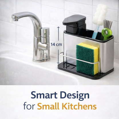 All-in-One Kitchen Sink Organizer with Soap Dispenser – Sponge Holder, Brush Stand & Drain Tray | Stainless Steel Countertop Caddy for Smart Kitchens