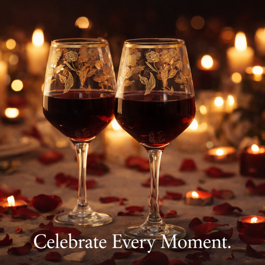 Premium Gold Floral Wine Glass Set (Pack of 6) – Elegant Long Stem Crystal Clear Glassware with Gold Rim – Luxury Wedding, Anniversary & Party Drinkware