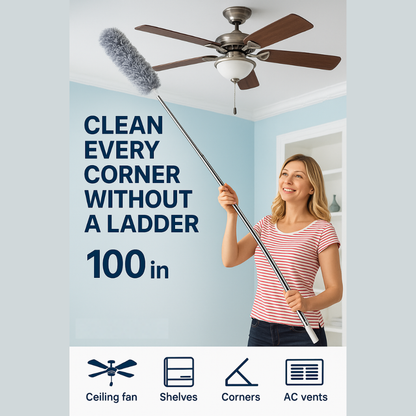 Glassozy 100-Inch Extendable Microfiber Duster for High Ceilings | Bendable & Washable Duster Head | Long Telescopic Handle for Ceiling Fans, Shelves, Cobwebs, AC Vents & Home Cleaning
