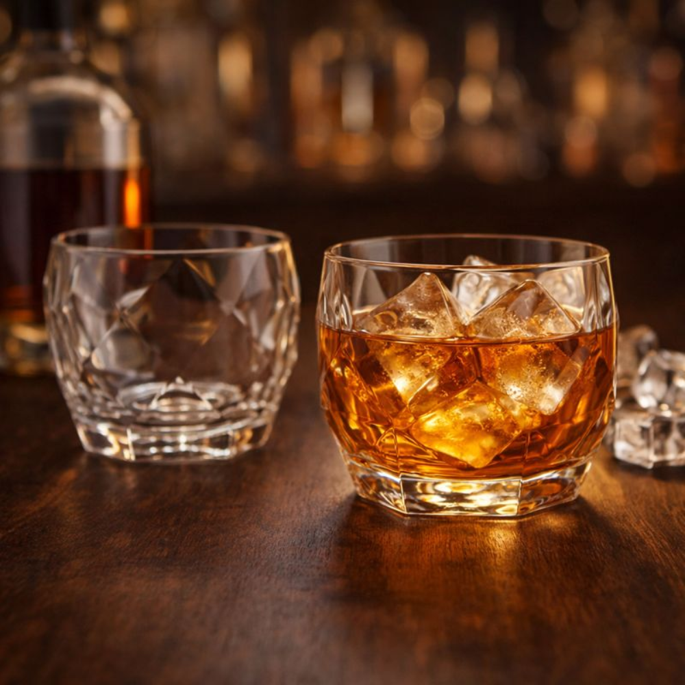 Premium Crystal Whiskey Glass Set Of 2 | Heavy Base Scotch & Bourbon Tumblers | Elegant Faceted Glass for Bar, Home & Gifting