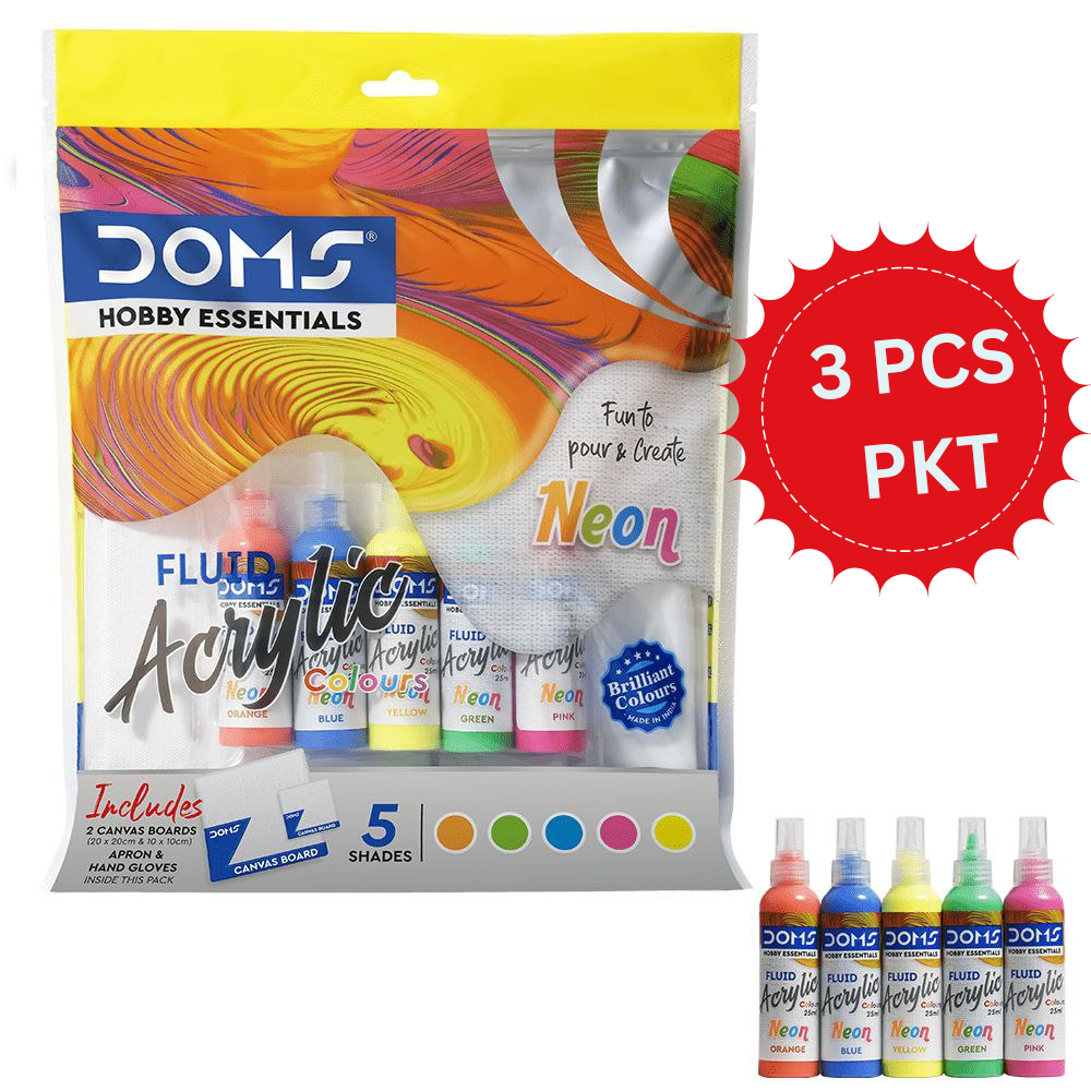 DOMS Metallic Fluid Acrylic Colours Set – 5 Shades | Fluid Art Kit with Canvas Boards, Apron & Gloves (3 PCS PKT)