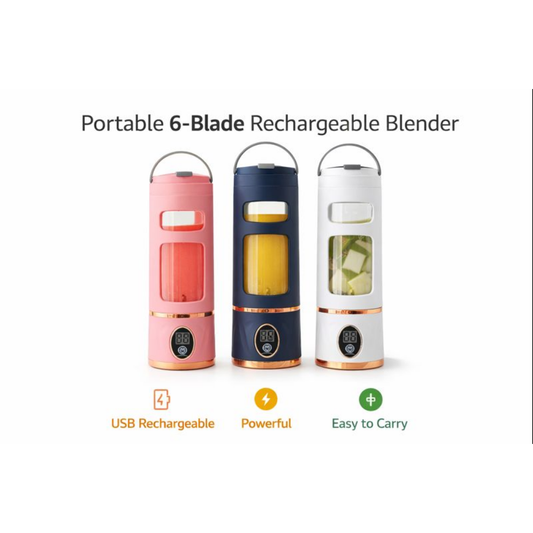 Portable Rechargeable Blender with 6 Stainless Steel Blades | USB Personal Juicer Mixer for Smoothies, Shakes & Fruits | Mini Electric Blender for Gym, Office & Travel