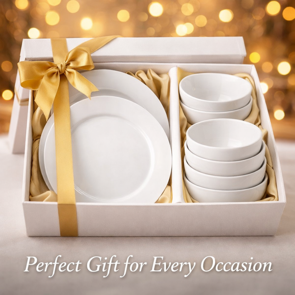 9-Piece Premium White Dinner Set – Ceramic Round Plates & Bowls Combo | Modern Kitchen Dining Set for Home, Wedding & Housewarming Gift