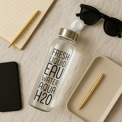 Glassozy Premium Glass Water Bottle – Sleek Minimalist Reusable Drinkware with Stainless Steel Lid and Carrying Strap – Eco-Friendly "Fresh Liquid" Graphic Design