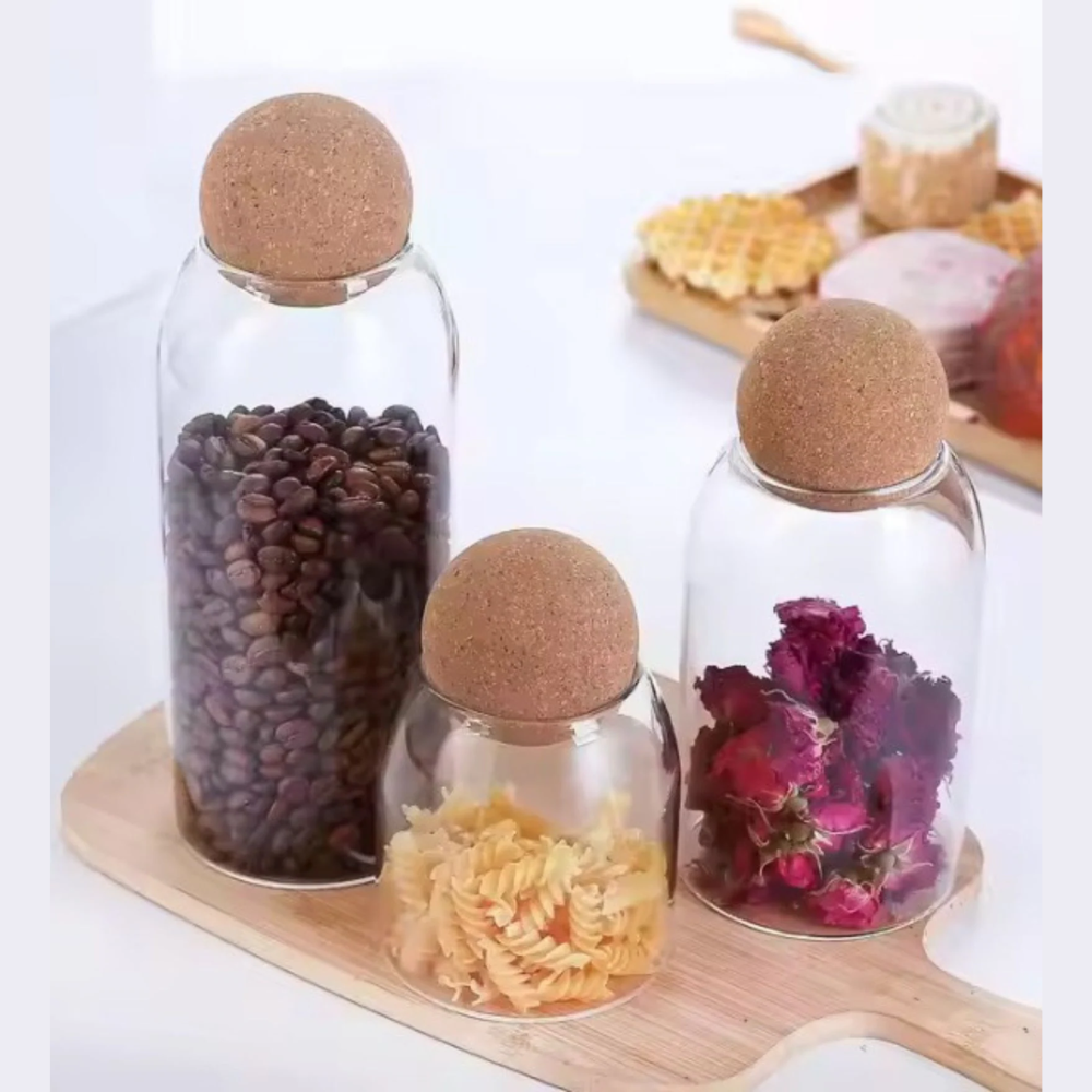 Echou 3-Piece Ribbed Borosilicate Glass Bottle Set with Airtight Cork Lids – 600ml, 800ml, and 1200ml