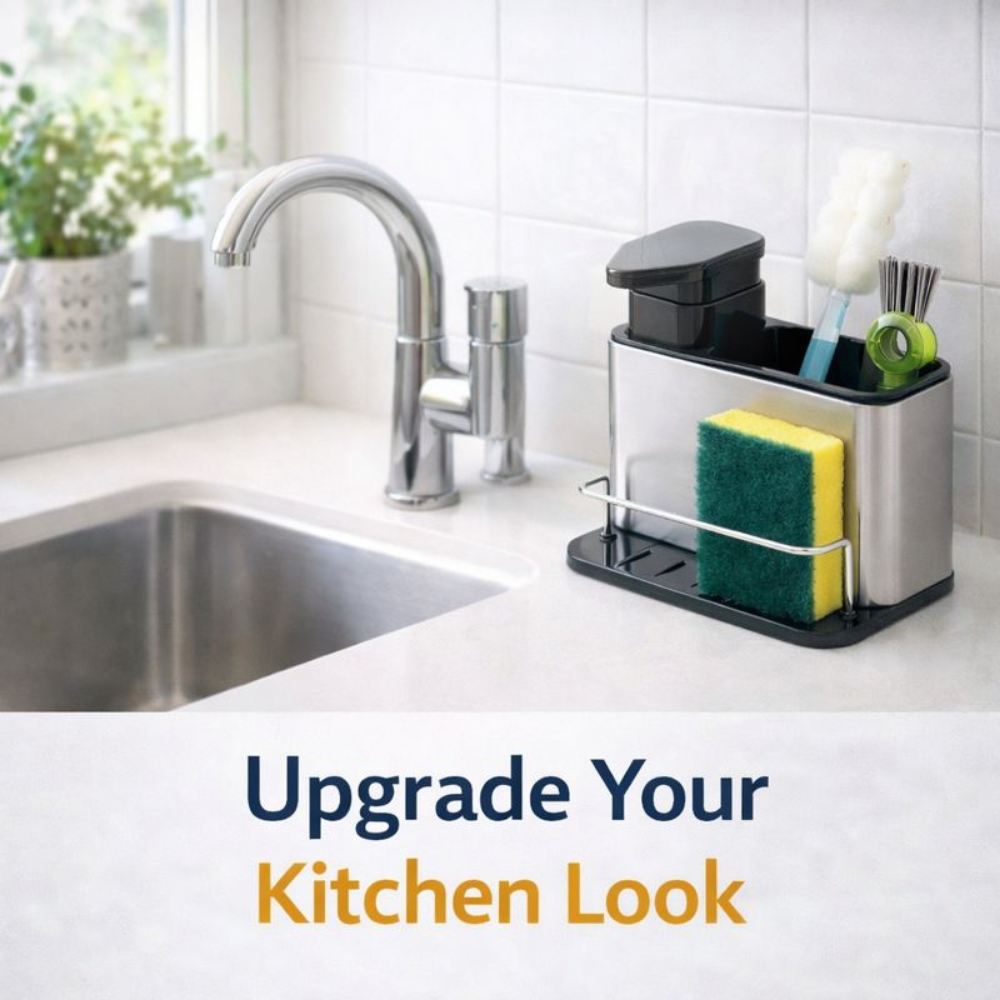 All-in-One Kitchen Sink Organizer with Soap Dispenser – Sponge Holder, Brush Stand & Drain Tray | Stainless Steel Countertop Caddy for Smart Kitchens