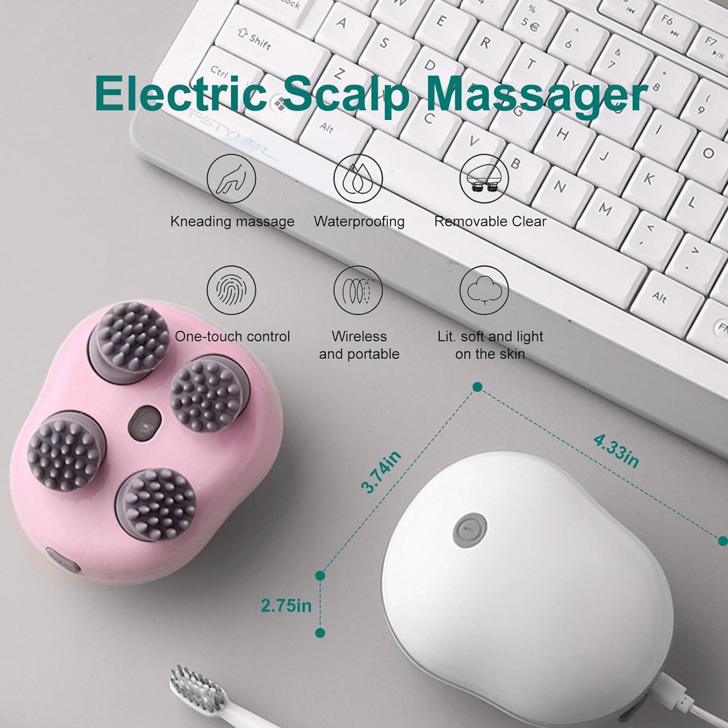 Electric Scalp Massager with 4 Replaceable Heads – Waterproof Rechargeable Head & Body Massager for Relaxation, Hair Growth & Stress Relief
