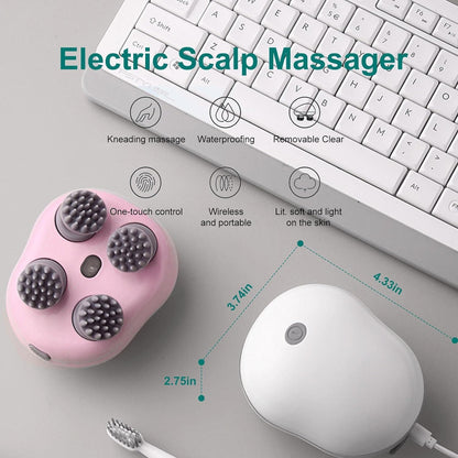 Electric Scalp Massager with 4 Replaceable Heads – Waterproof Rechargeable Head & Body Massager for Relaxation, Hair Growth & Stress Relief