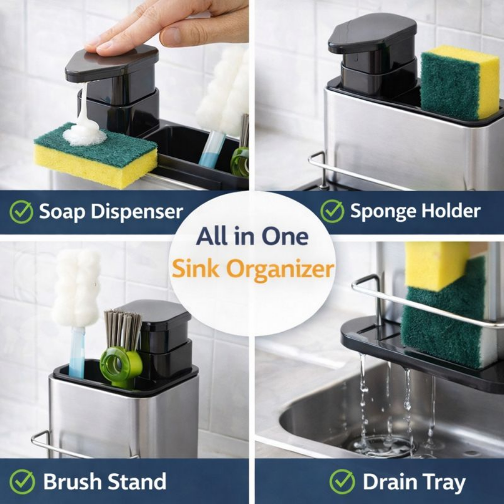All-in-One Kitchen Sink Organizer with Soap Dispenser – Sponge Holder, Brush Stand & Drain Tray | Stainless Steel Countertop Caddy for Smart Kitchens