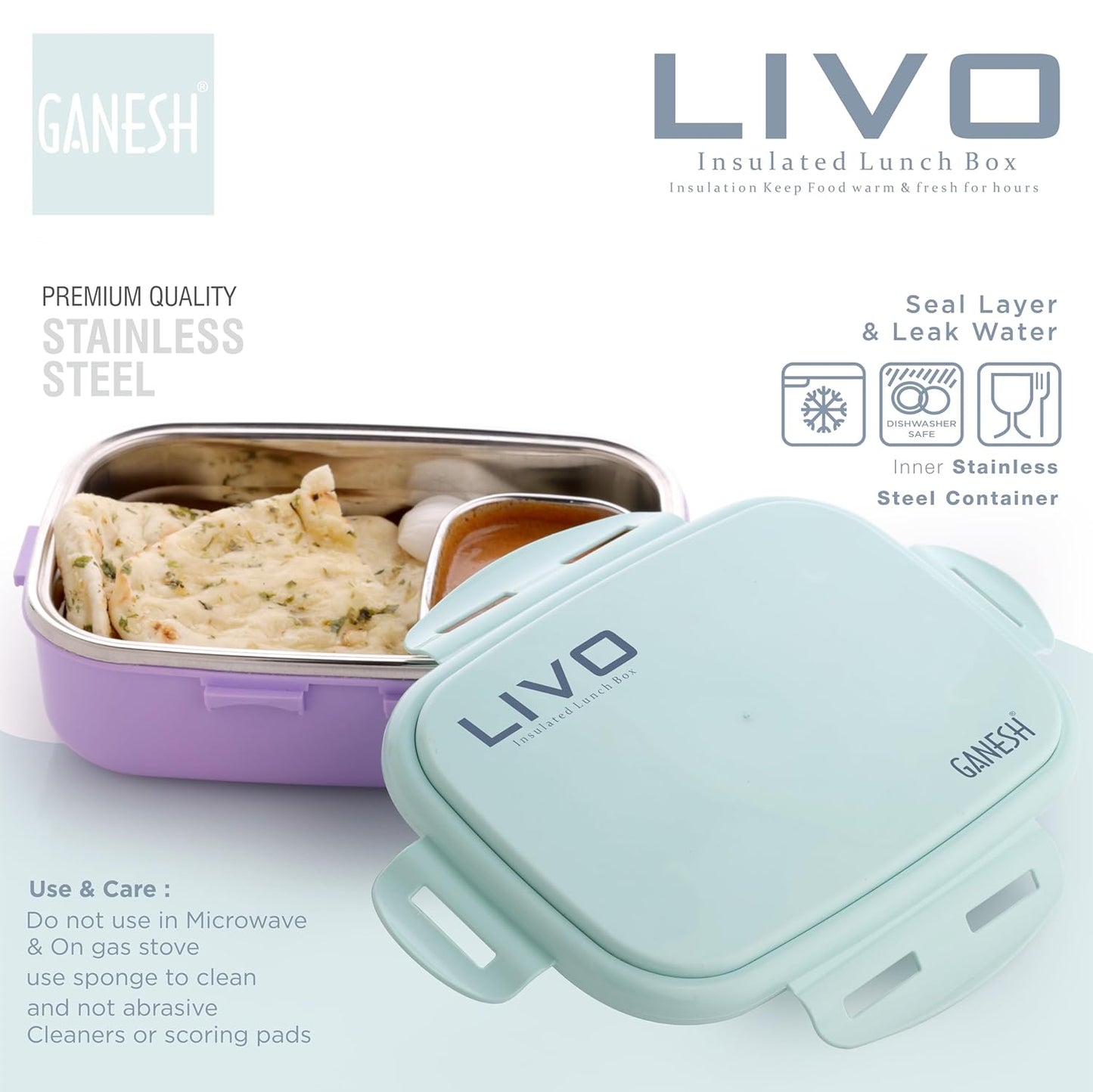 GANESH Stainless Steel Livo Insulated Lunch Box Container with Airtight Lid for Office & School Use/Food Grade/Air Tight/Easy to Carry/Leak Proof (750ml +140ml)