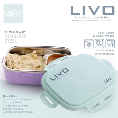 GANESH Stainless Steel Livo Insulated Lunch Box Container with Airtight Lid for Office & School Use/Food Grade/Air Tight/Easy to Carry/Leak Proof (750ml +140ml)