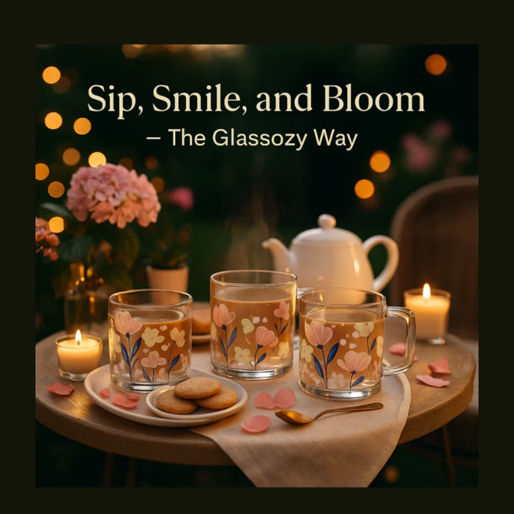 Glassozy Floral Bliss Glass Mug Set – 350ml (6 pcs)