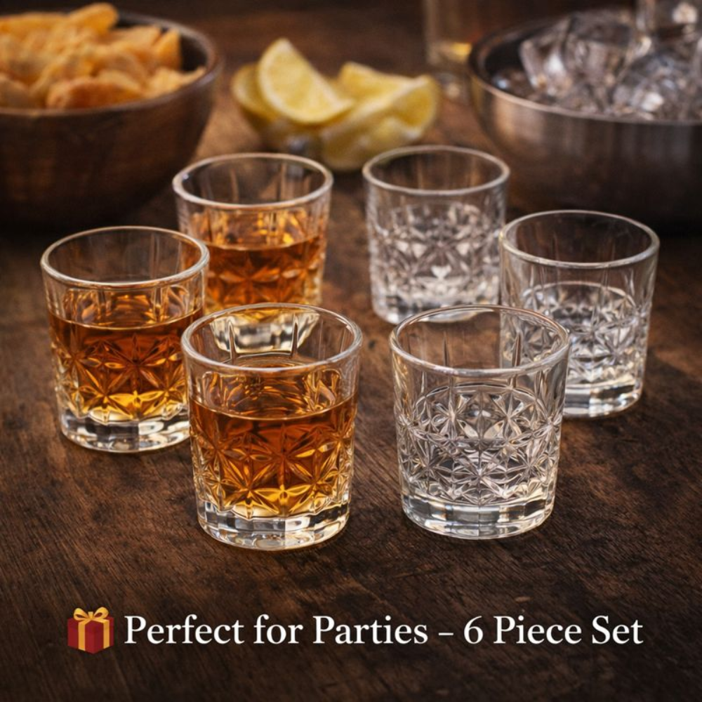 Crystal Cut Shot Glass Set of 6 (60ml) – Premium Designer Whisky, Vodka & Tequila Glasses for Home Bar, Parties & Gifting