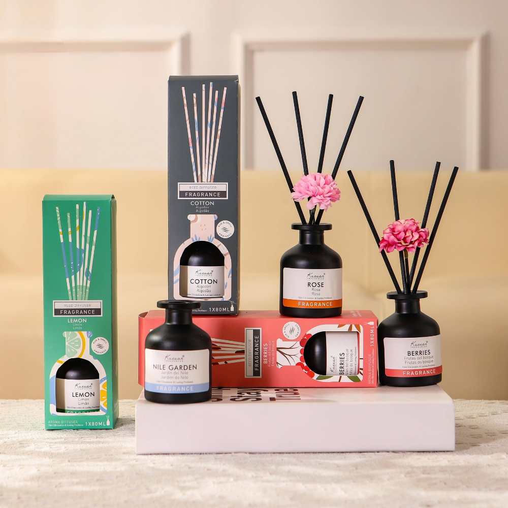 Luxury Reed Diffuser Set 80ML – Cotton, Rose, Lemon, Berries & Nile Garden | Long Lasting Home Fragrance | Room Aroma Diffuser