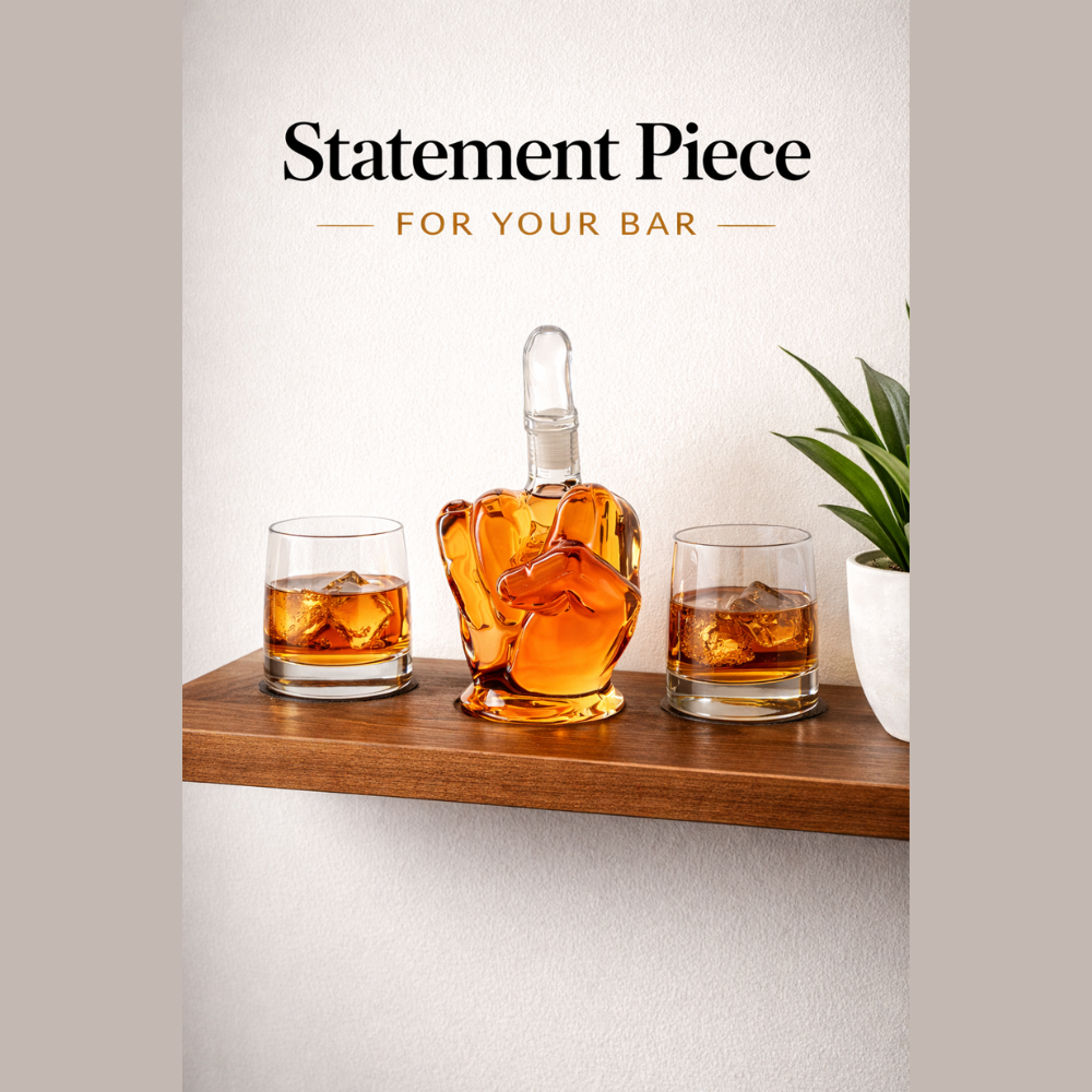 Gesture Hand Whisky Decanter Set 1 Litre with 2 x 320ml Glasses – 3 Pcs Premium Whiskey Decanter Gift Set with Wooden Tray for Home Bar & Gifting