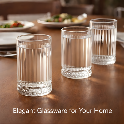 Glassozy 6-Piece Highball Glassware Set with Fluted Texture – Elegant Ribbed Drinking Glasses and Natural Wooden Serving Tray – Ideal Housewarming & Wedding Gift Set