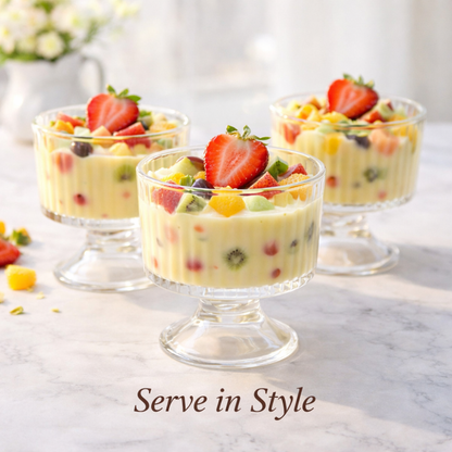 Premium Ribbed Glass Dessert Bowl Set (6 Pieces) – 260 ML Transparent Ice Cream & Falooda Cups with Pedestal Base | Elegant Serving Bowls for Home, Parties & Gifting
